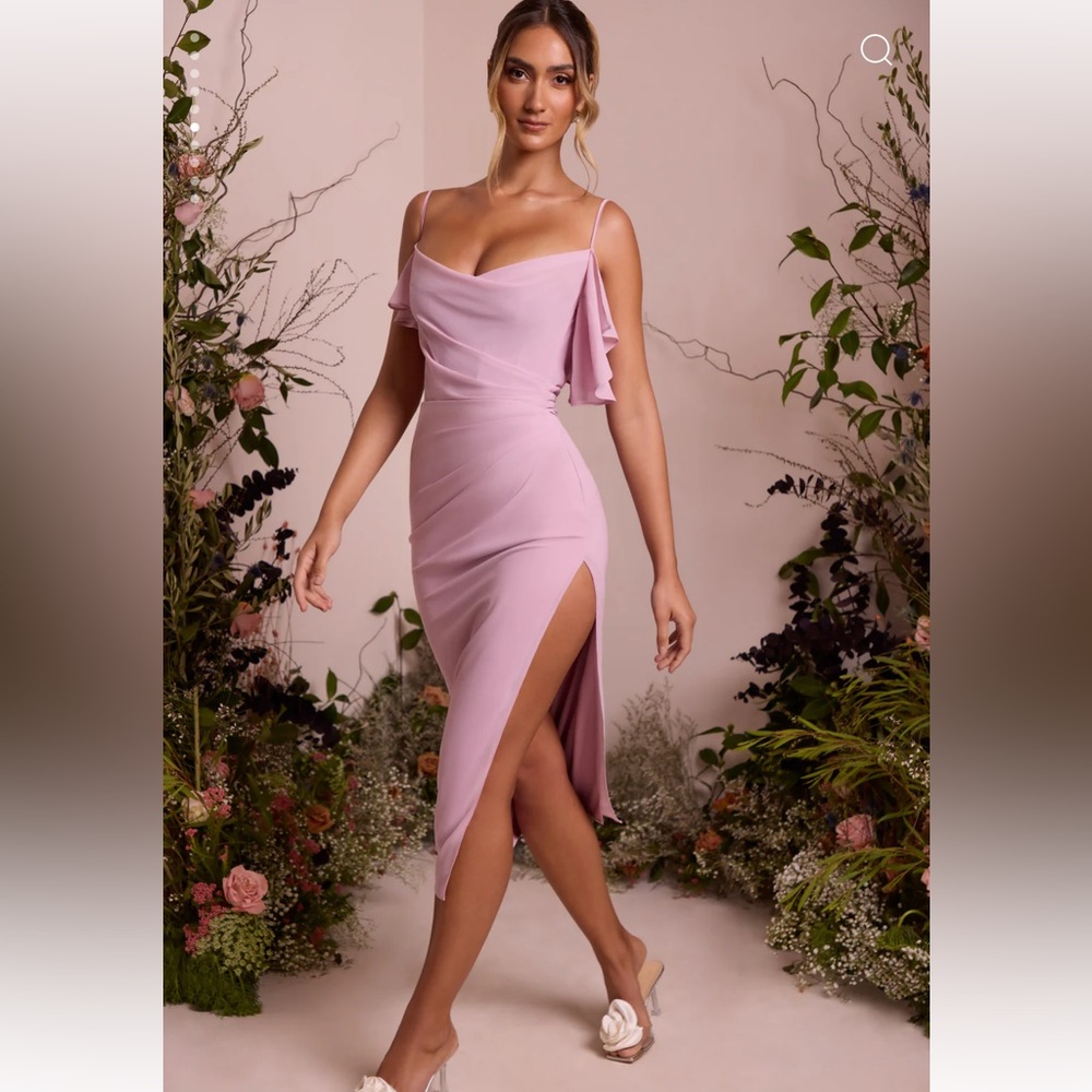 cowl neck pleated midaxi dress in ivory Oh Polly | Dresses | Oh Polly Romilly Dusty Pink 2023 wedding dresses